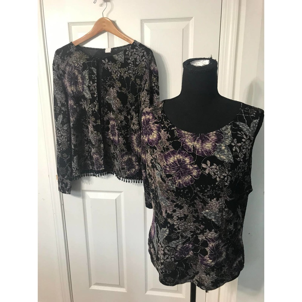 MSK 2-piece Floral Gold Beaded Fringe Hem, Blouse, Size XL, Made in USA